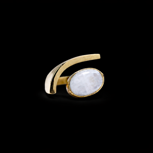 Adjustable Ring with Moonstone and Crescent Moon Design